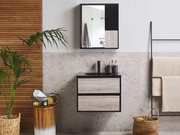 Kylpyhuoneen allaskalustesetti musta/vaalea puu 60 cm 4-osaa peili MDF-levy keraaminen pesuallas