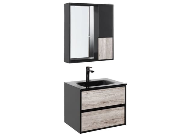 Kylpyhuoneen allaskalustesetti musta/vaalea puu 60 cm 4-osaa peili MDF-levy keraaminen pesuallas