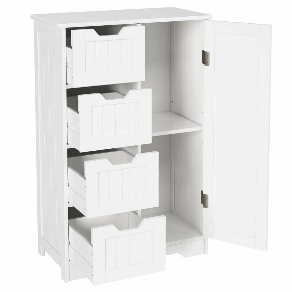 Sideboard badrumsskåp, trä sideboard byrå med 4 lådor, skåpdörr, justerbar hylla, vardagsrum, kök, hall, djup, fristående, vit