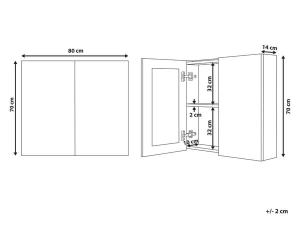 Baderomsspeilskap hvit kryssfinér 80 x 70 cm Hengeskap med 2 dører Hyller Hyller Oppbevaring