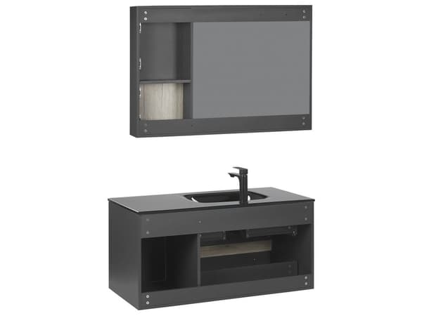 4-delers Baderomsmøbelsett Svart MDF 100 cm Skap Keramisk Servant Hengeskap med speil