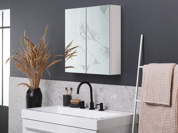 Baderomsspeilskap hvit kryssfinér 60 x 60 cm Hengeskap med 2 dører Hyller Oppbevaring