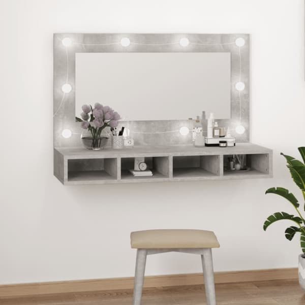 vidaXL spejlskab med LED-lys 90x31,5x62 cm betongrå