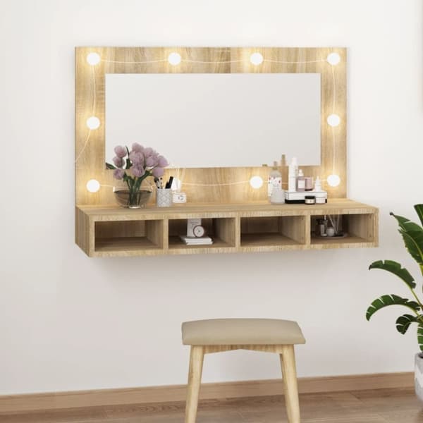 vidaXL spejlskab med LED-lys 90x31,5x62 cm sonoma-eg