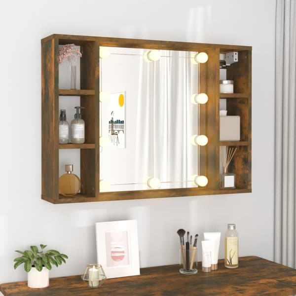 vidaXL spejlskab med LED-lys 76x15x55 cm røget egetræsfarve