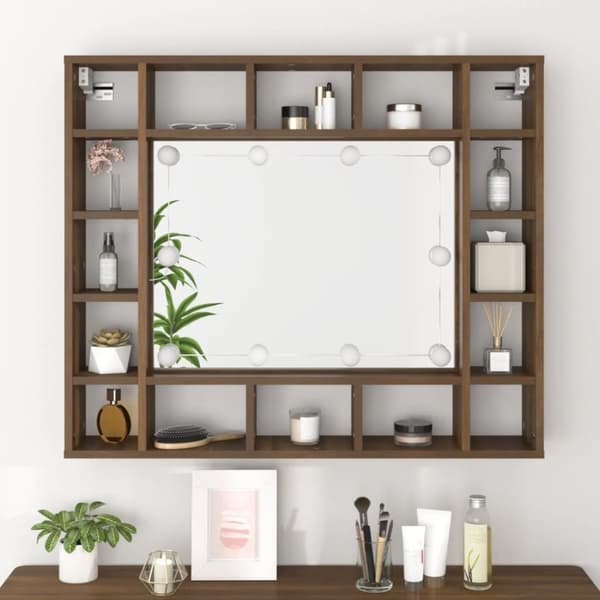 vidaXL spejlskab med LED-lys 91x15x76,5 cm brun egetræsfarve