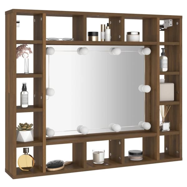 vidaXL spejlskab med LED-lys 91x15x76,5 cm brun egetræsfarve