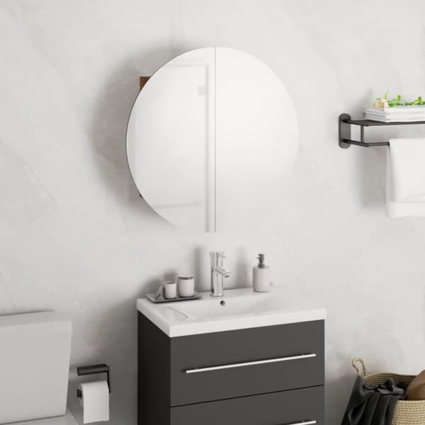 vidaXL badeværelsesskab med rundt spejl og LED-lys 40x40x17,5cm egetræ