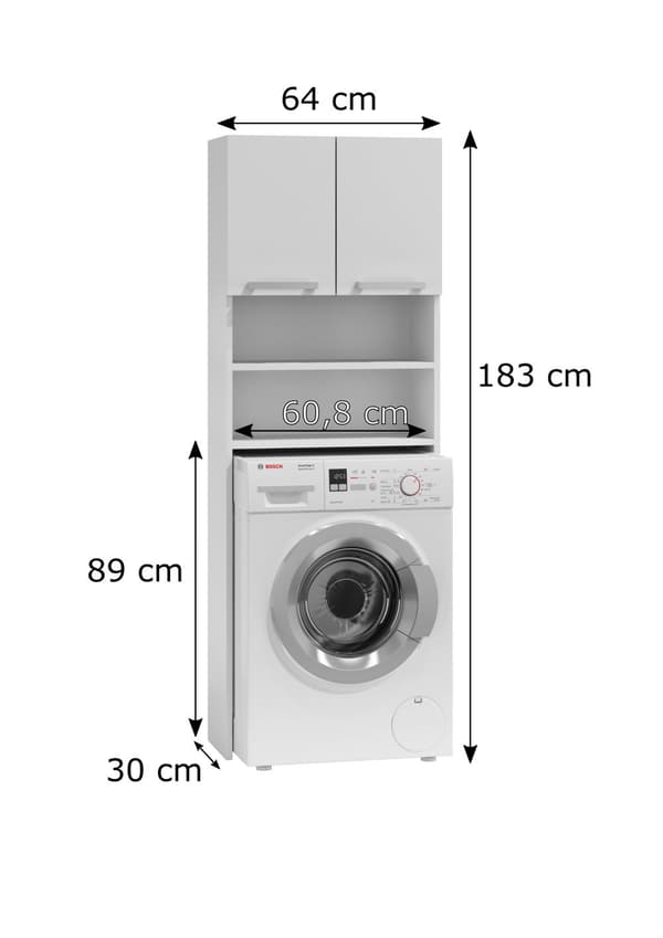 Kylpyhuoneen kaappi BAGNOLI-pesukoneelle: S: 30 cm, L: 64 cm, K: 180 cm, kylpyhuonehylly, Kylpyhuoneen soitin, Kylpyhuoneen kaapin kylpyamme