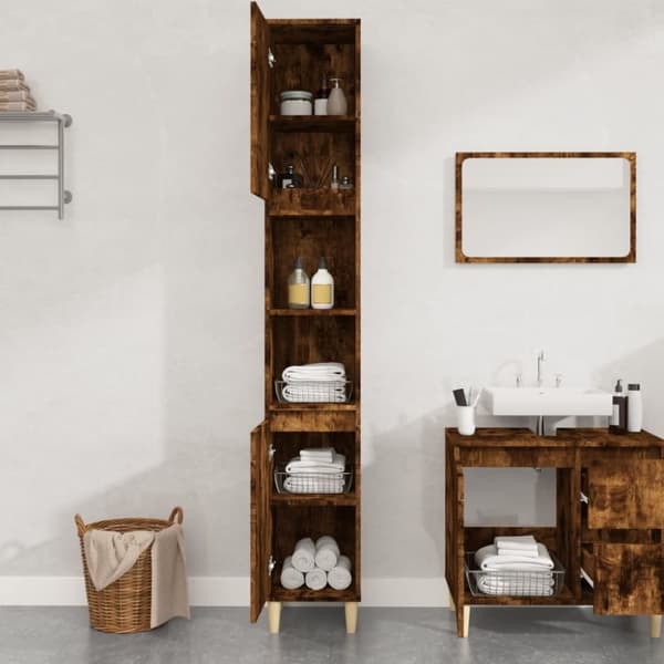vidaXL badeværelsesskab 30x30x190 cm konstrueret træ røget egetræ
