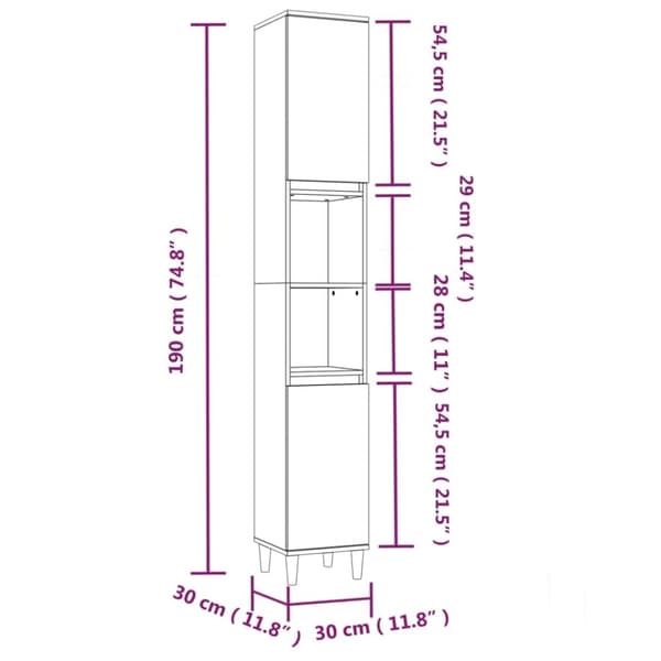 vidaXL Kylpyhuoneen kaappi harmaa Sonoma 30x30x190 cm tekninen puu