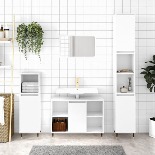 vidaXL badeværelsesskab 30x30x100 cm konstrueret træ hvid højglans