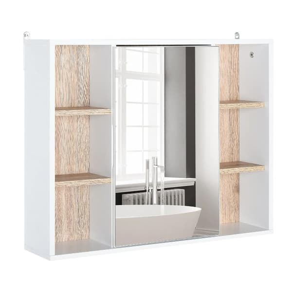 Nancy's Owosso Spiegelkast - Badkamerspiegel - Opbergruimte - Open Vakken - Wit - Natur - Bewerkt Hout - MDF - 60 x 14,5 x 49,4 cm