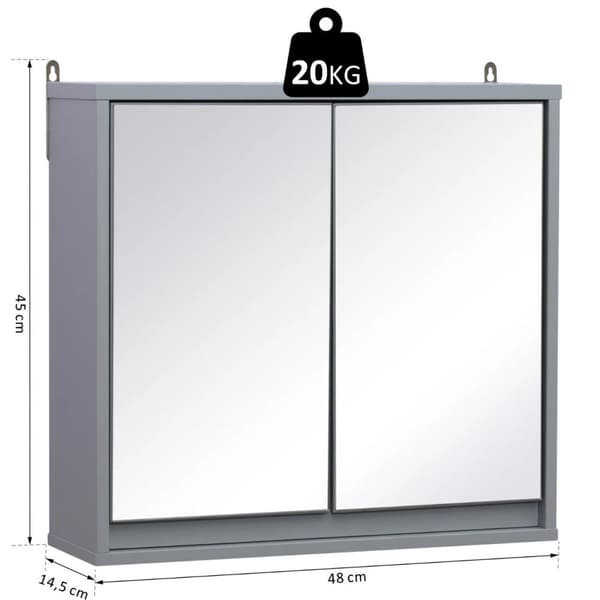 Nancy's Shirley Badkamerkast - Wandkast - Opbergkast -Spiegelkast - Spiegel - 2 Niveaus - Verstelbare Plank - Grijs - B48 x D14,5 x H45 cm