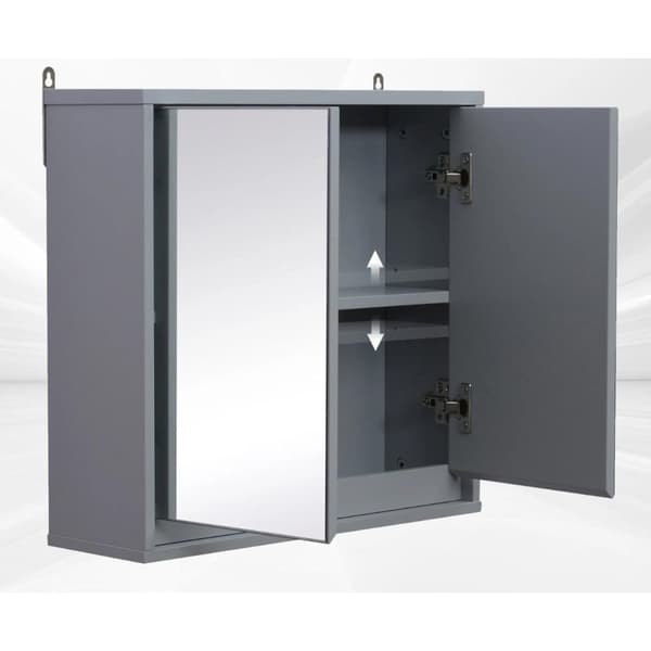 Nancy's Shirley Badkamerkast - Wandkast - Opbergkast -Spiegelkast - Spiegel - 2 Niveaus - Verstelbare Plank - Grijs - B48 x D14,5 x H45 cm