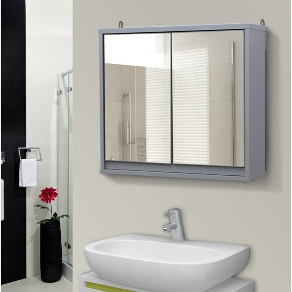 Nancy's Shirley Badkamerkast - Wandkast - Opbergkast -Spiegelkast - Spiegel - 2 Niveaus - Verstelbare Plank - Grijs - B48 x D14,5 x H45 cm