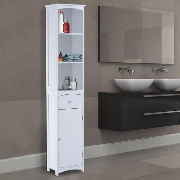 Nancy's Manassas Badkamerkast - Badkamermeubel - 3 Planken - 34 x 24 x 170 cm - 1 Lade - 1 Deur - Hoge Kast - MDF - Wit