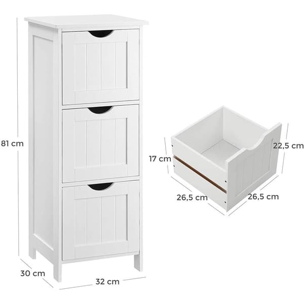 Rootz Opbevaringsskab - Badeværelsesskab - Kommode - 3 skuffer - Hvid - Stående skab - MDF - 32 x 30 x 81 cm