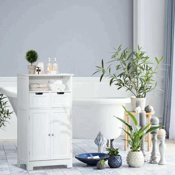 Rootz Bathroom Cabinet - Bathroom Storage Cabinet - Bathroom Cabinet With 2 Drawers 1 Door - Freestanding Cupboard - White - 60 x 30 x 108.8 cm