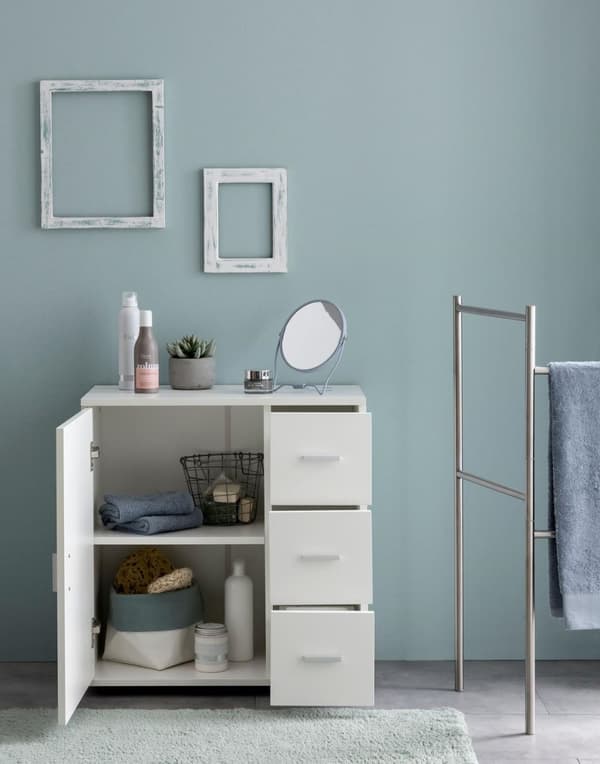 Rootz skab Hvid 60x65,5x33 cm Midi skab med låge & skuffer - Lille sideskab Mat - Badeværelseshylde Smal Fritstående Badeværelseskommode - Badeværelse