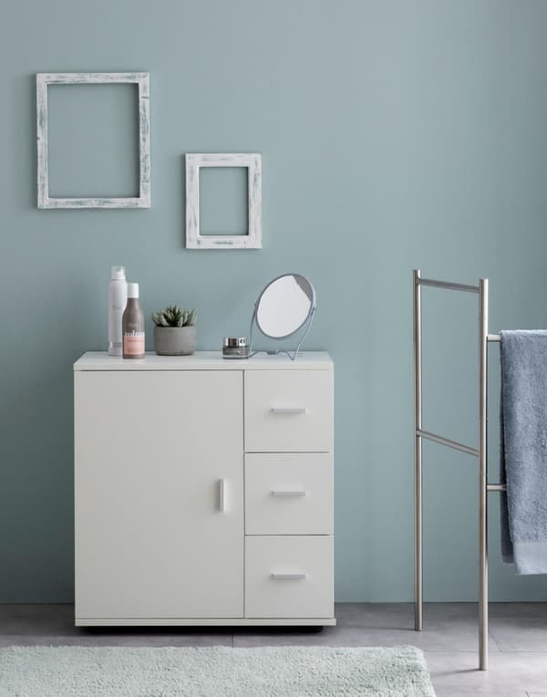 Rootz skab Hvid 60x65,5x33 cm Midi skab med låge & skuffer - Lille sideskab Mat - Badeværelseshylde Smal Fritstående Badeværelseskommode - Badeværelse