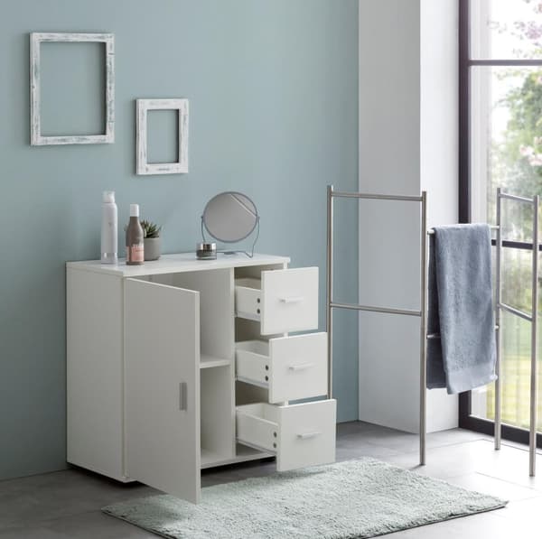 Rootz skab Hvid 60x65,5x33 cm Midi skab med låge & skuffer - Lille sideskab Mat - Badeværelseshylde Smal Fritstående Badeværelseskommode - Badeværelse