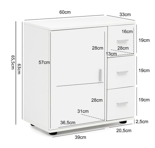 Rootz skab Hvid 60x65,5x33 cm Midi skab med låge & skuffer - Lille sideskab Mat - Badeværelseshylde Smal Fritstående Badeværelseskommode - Badeværelse