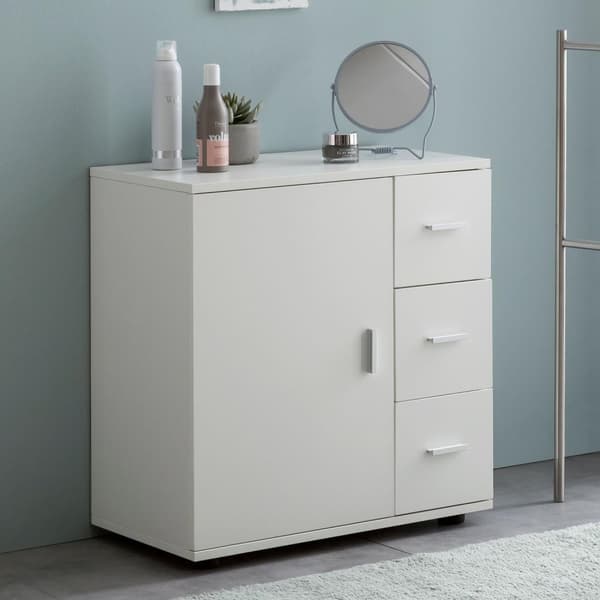 Rootz skab Hvid 60x65,5x33 cm Midi skab med låge & skuffer - Lille sideskab Mat - Badeværelseshylde Smal Fritstående Badeværelseskommode - Badeværelse