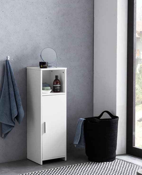 Rootz-kaappi 30 x 95,5 x 30 cm valkoinen puu ovella ja säilytyslokerolla Pieni kylpyhuoneen kaappi sivukaappi seisova - Kylpyhuoneen hylly kapea vapaa
