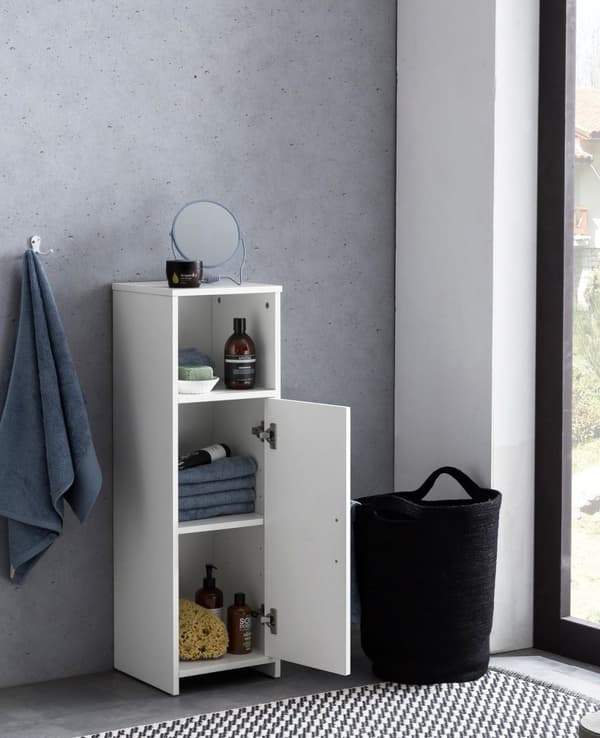 Rootz-kaappi 30 x 95,5 x 30 cm valkoinen puu ovella ja säilytyslokerolla Pieni kylpyhuoneen kaappi sivukaappi seisova - Kylpyhuoneen hylly kapea vapaa