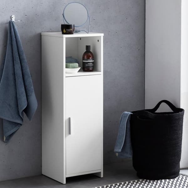 Rootz-kaappi 30 x 95,5 x 30 cm valkoinen puu ovella ja säilytyslokerolla Pieni kylpyhuoneen kaappi sivukaappi seisova - Kylpyhuoneen hylly kapea vapaa