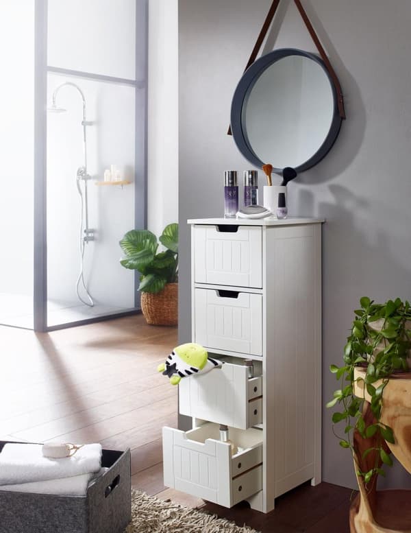 Rootz Design kylpyhuonekaappi maalaistyylinen MDF puu 30 x 83 x 30 cm valkoinen - Kylpyhuonekaappi pieni 4 laatikkoa - Sivukaappi Monikäyttöinen kaapp