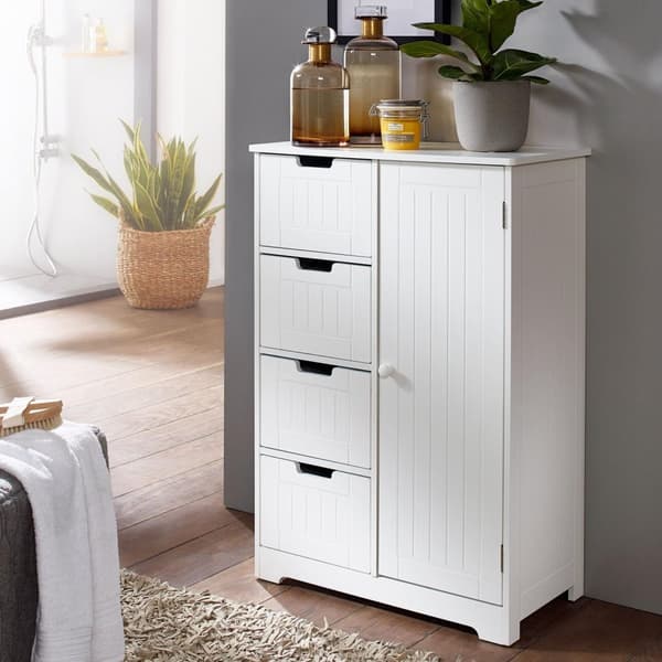 Rootz Design badeværelsesskab landlig MDF træ 65 x 83 x 30 cm hvid - Lille badeværelsesskab 4 skuffer & 1 låge - Sideskab Multifunktionsskab