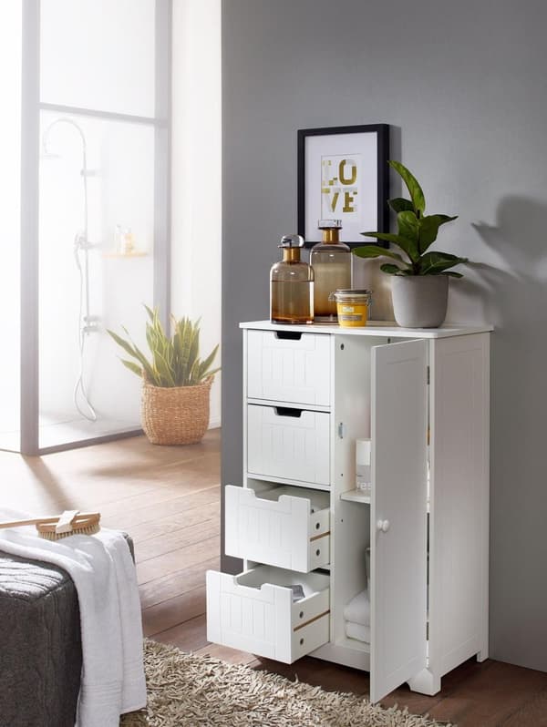 Rootz Design badeværelsesskab landlig MDF træ 65 x 83 x 30 cm hvid - Lille badeværelsesskab 4 skuffer & 1 låge - Sideskab Multifunktionsskab