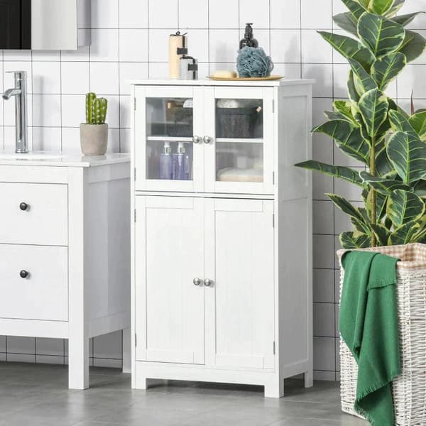 Rootz Badrumsskåp - Kompakt badrumsskåp - Förvaringsskåp - 2 förråd - Glasdörrar - Hylla - Skyddsbeläggning - Vit - 60 x 30 x 108,5 cm