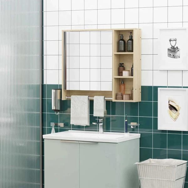 Rootz Badrumsskåp - Spegelskåp - Hängskåp - Väggskåp - Badrumsmöbler - Multifunktionsskåp - Med öppna fack - Badrumsspånskiva - Natur - 80 x 15 x 70 c