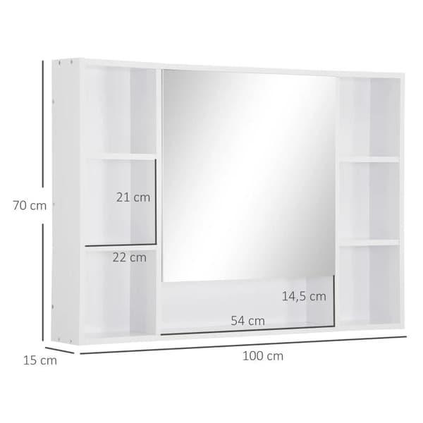 Rootz Badeværelsesskab - Overskab - Opbevaringsskab - Spejlskab - Med 6 hylder - Glas/MDF - Hvid - 100L x 15W x 70H cm