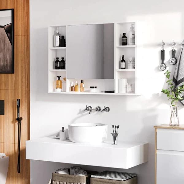 Rootz Badeværelsesskab - Overskab - Opbevaringsskab - Spejlskab - Med 6 hylder - Glas/MDF - Hvid - 100L x 15W x 70H cm