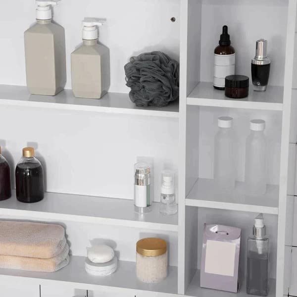 Rootz Badeværelsesskab - Overskab - Opbevaringsskab - Spejlskab - Med 6 hylder - Glas/MDF - Hvid - 100L x 15W x 70H cm