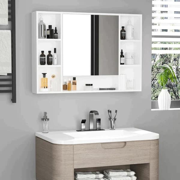 Rootz Badeværelsesskab - Overskab - Opbevaringsskab - Spejlskab - Med 6 hylder - Glas/MDF - Hvid - 100L x 15W x 70H cm