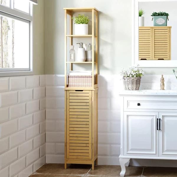 Rootz-kylpyhuonekaappi - korkea kaappi - kylpyhuoneen lattiakaappi - kolme hyllyä - yksi kaappiosasto - säleiköllä varustettu ovi - Natural - 34 x 30