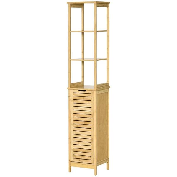 Rootz-kylpyhuonekaappi - korkea kaappi - kylpyhuoneen lattiakaappi - kolme hyllyä - yksi kaappiosasto - säleiköllä varustettu ovi - Natural - 34 x 30