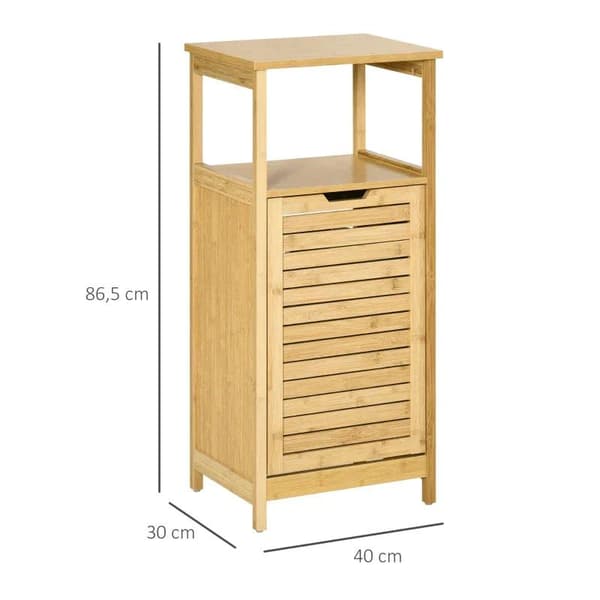Rootz Badeværelsesskab - Højskab - Badeværelsesgulvskab - 2-i-1 vasketøjskurv - 1 hylde - Ikke-vævet kurv - Naturlig bambus - 40 cm x 30 cm x 86,5 cm
