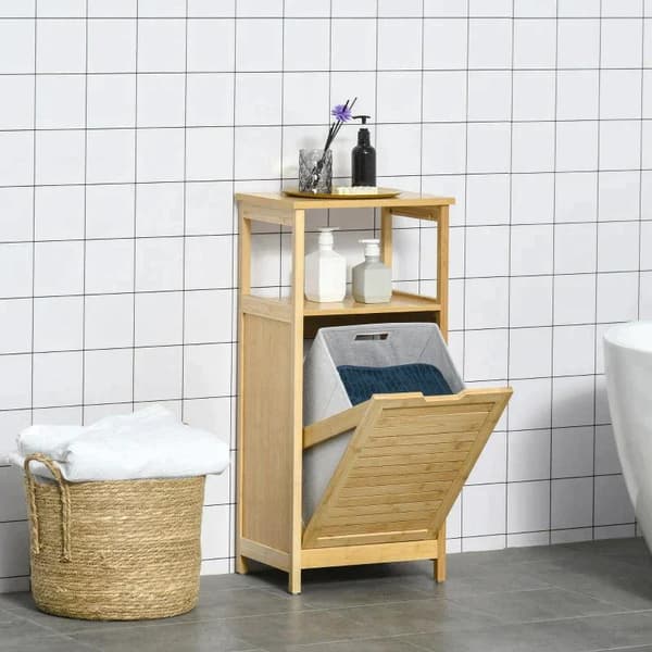 Rootz Badeværelsesskab - Højskab - Badeværelsesgulvskab - 2-i-1 vasketøjskurv - 1 hylde - Ikke-vævet kurv - Naturlig bambus - 40 cm x 30 cm x 86,5 cm