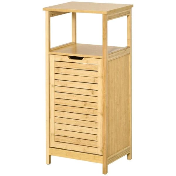 Rootz Badeværelsesskab - Højskab - Badeværelsesgulvskab - 2-i-1 vasketøjskurv - 1 hylde - Ikke-vævet kurv - Naturlig bambus - 40 cm x 30 cm x 86,5 cm