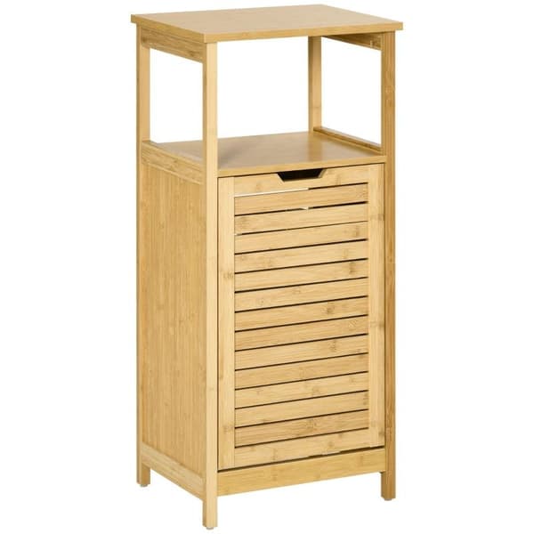 Rootz Badeværelsesskab - Højskab - Badeværelsesgulvskab - 2-i-1 vasketøjskurv - 1 hylde - Ikke-vævet kurv - Naturlig bambus - 40 cm x 30 cm x 86,5 cm