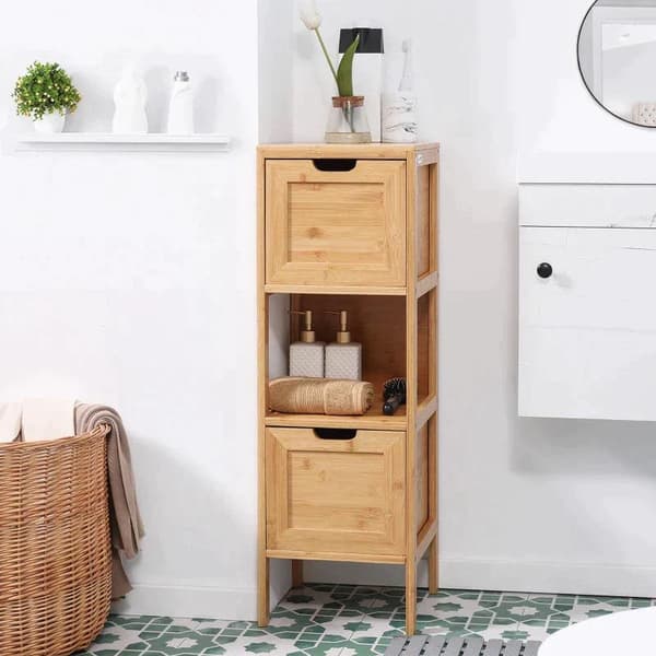 Rootz Kylpyhuonekaappi - Bambu Kylpyhuonekaappi - Kylpyhuoneen hylly - Kylpyhuoneen säilytyskaappi - 1 hylly 2 laatikkoa - Bambu - Luonto - 30cm x 30c