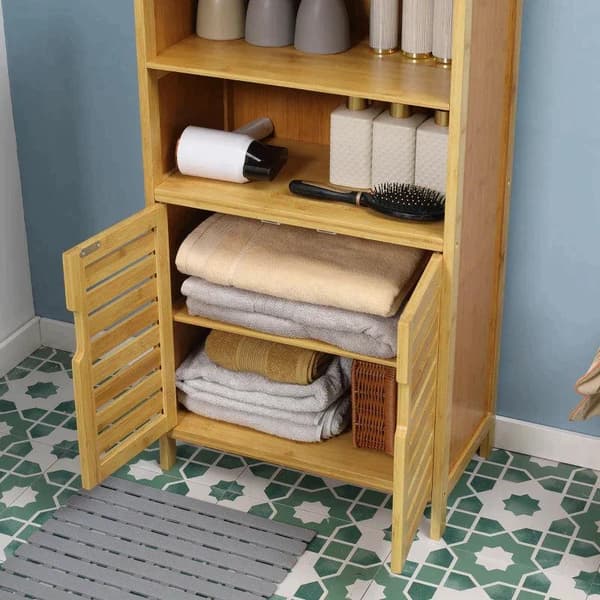 Rootz Badrumsskåp - Badrumshylla - Badrumsskåp i bambu - Med fönsterdörrar - 2 hyllor 1 skåp - Bambu - Naturligt trä - 50cm x 29cm x 92cm