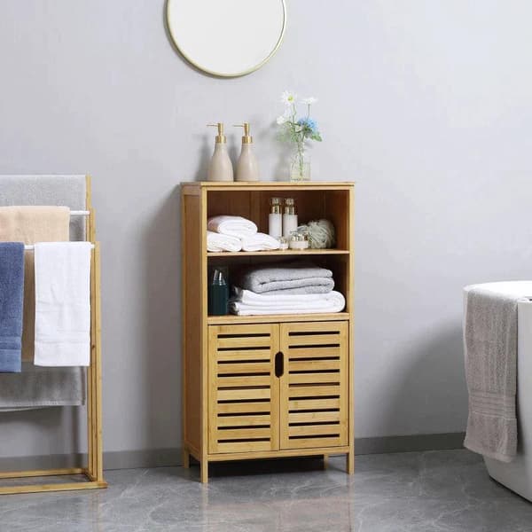 Rootz Badrumsskåp - Badrumshylla - Badrumsskåp i bambu - Med fönsterdörrar - 2 hyllor 1 skåp - Bambu - Naturligt trä - 50cm x 29cm x 92cm