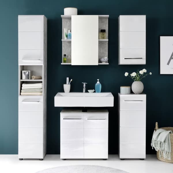 Rootz Wall Cabinet - Storage Unit - Bathroom Organizer - Hanging Cupboard - Mounted Shelf - Bath Locker - Concrete Stone & White - 32x61x21cm